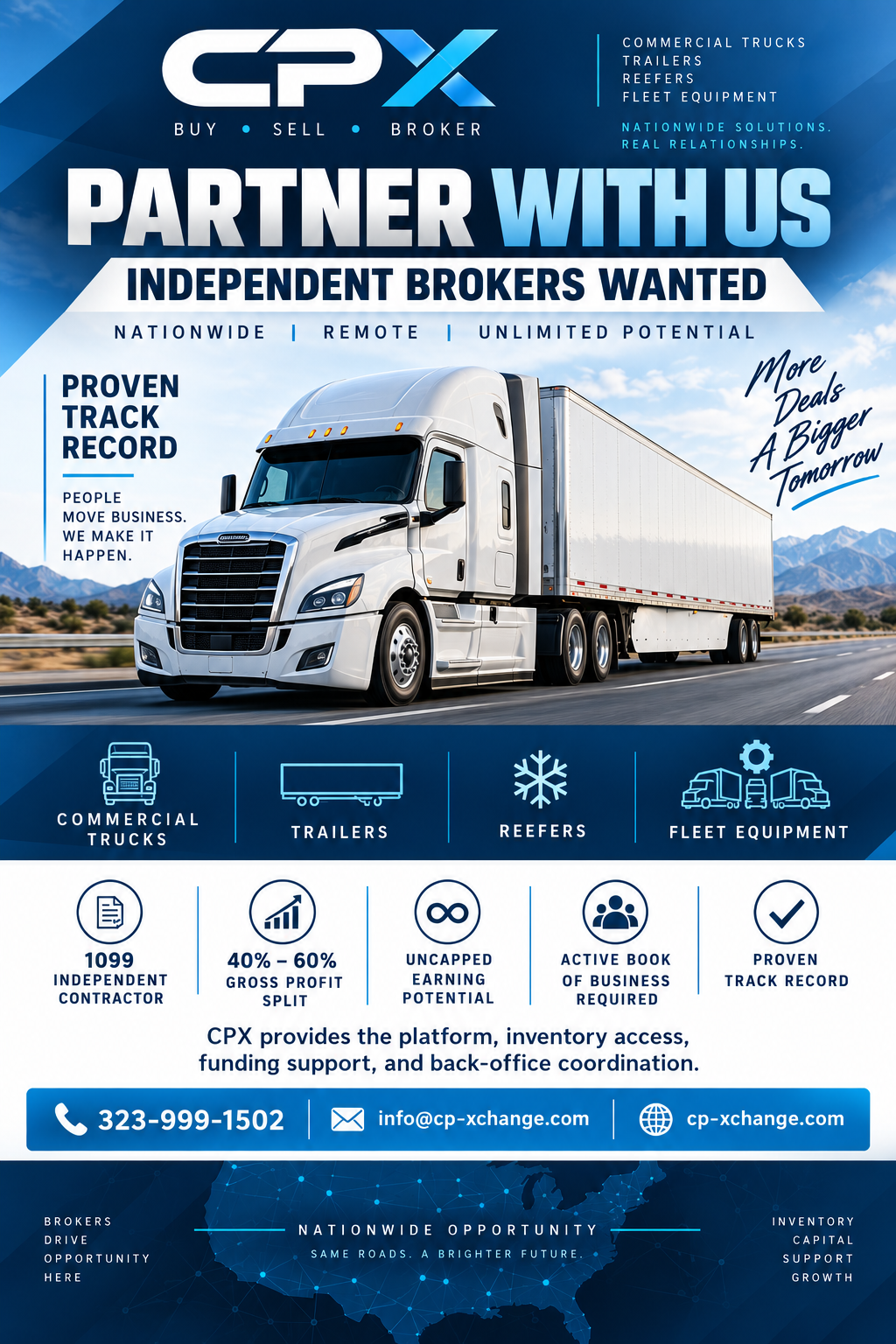 CPX Partner With Us flyer for independent brokers wanted, showing a 40 to 60 percent gross-profit split, commercial equipment focus, and nationwide opportunity